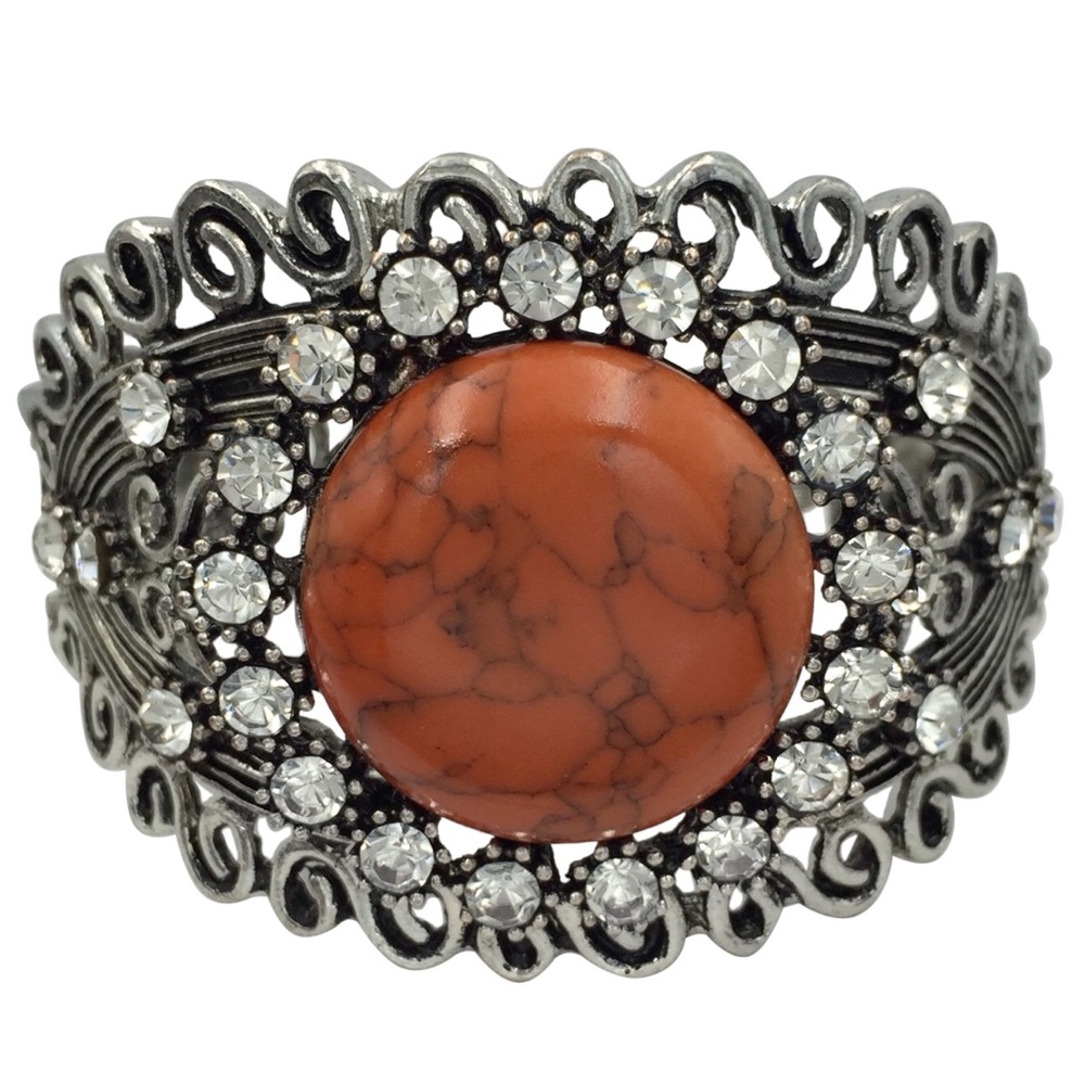 Orange Dot Stone Rhinestone Silver Chunky Statement Hinged Bangle Bracelet